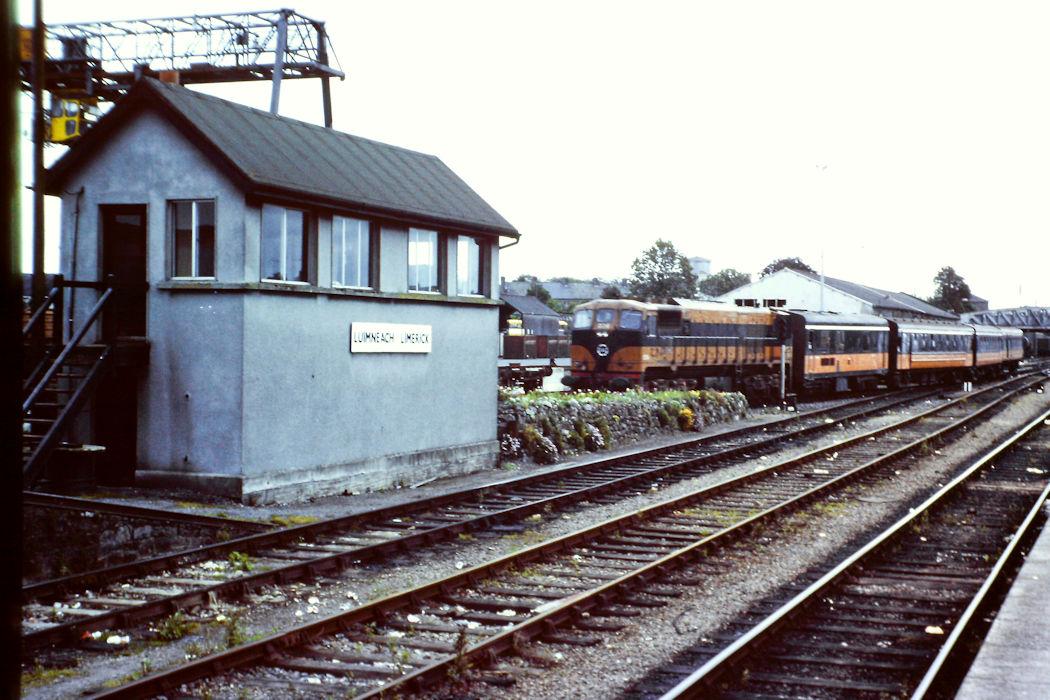 Limerick station control post with train 1980