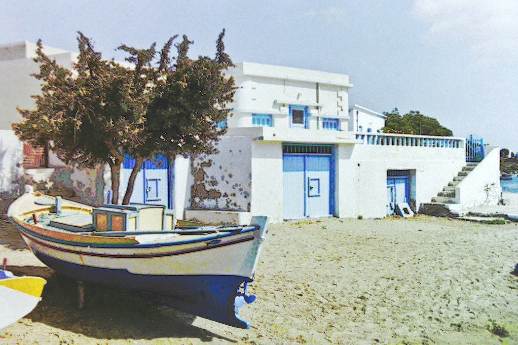 milos 1988 - around adamantas - fisherman's shed with boat